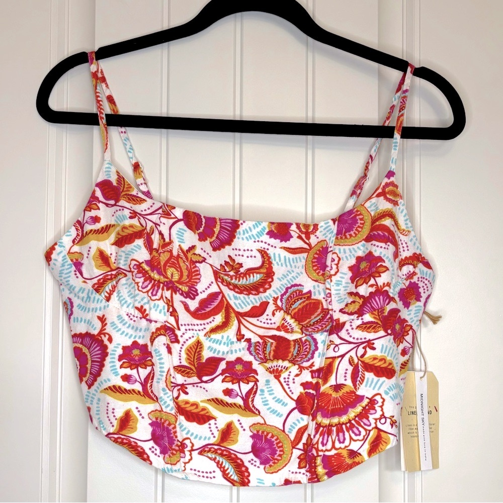 Midnight Sky Floral Linen Blend Corset Style Crop Top NWT Size Large